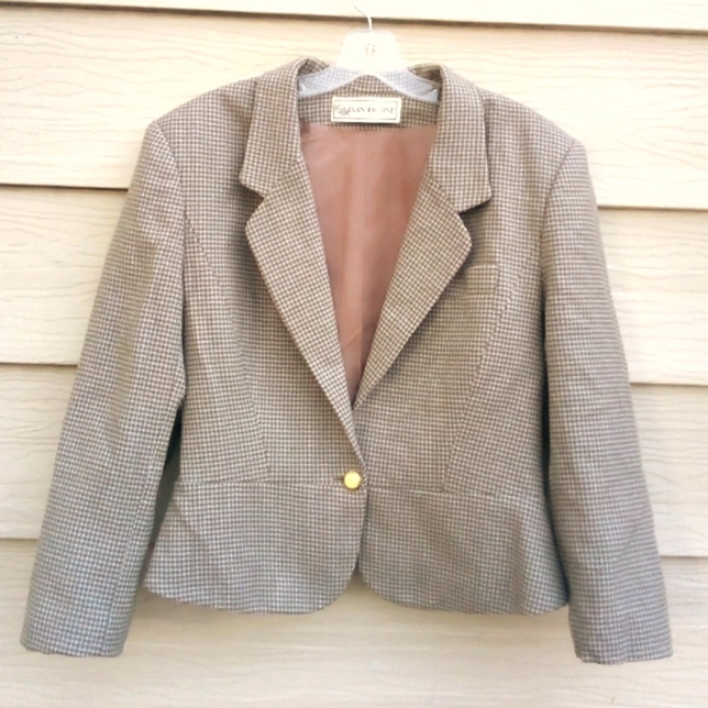 Vintage Evan Picone blazer, 100% worsted wool, grey/white, EUC